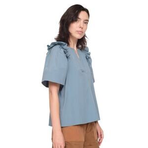 Sea NY Tabitha Puff Flutter Short Sleeve Top V Neck Steel Blue Size 8 Cotton